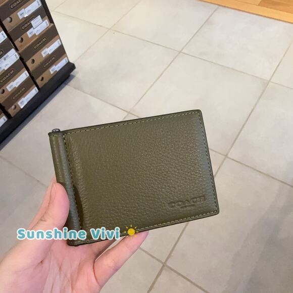 NWT Coach Slim Money Clip Billfold Wallet CH090 Pebble Leather Gunmetal/Olive